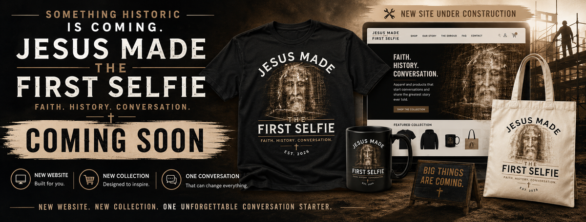 Coming soon collection concept showing Jesus Made the First Selfie apparel, a mug, and a tote bag